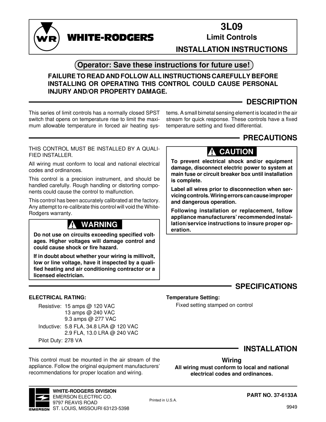 White Rodgers 3L09 specifications Description, Precautions, Installation 