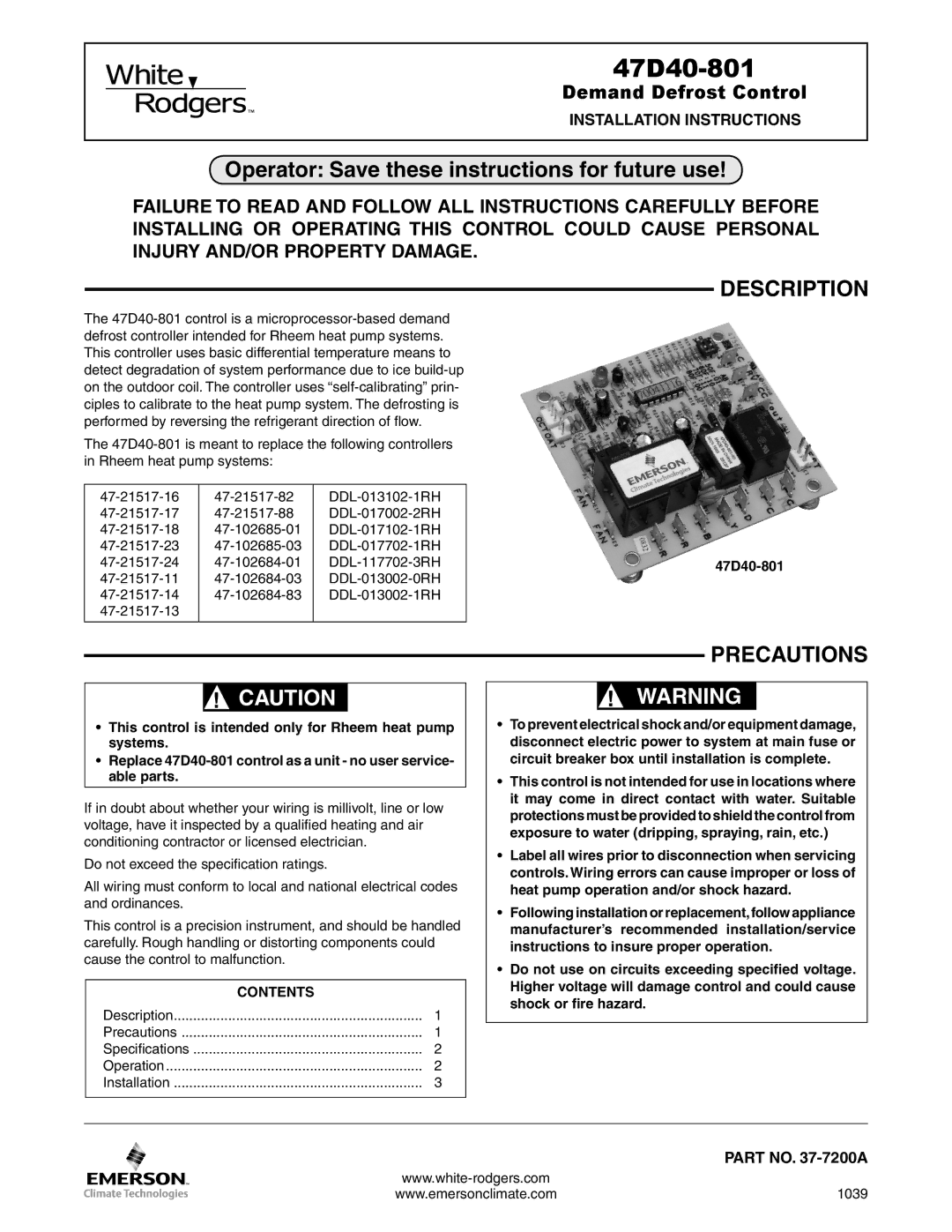 White Rodgers 47D40-801 installation instructions Description, Precautions, Contents 