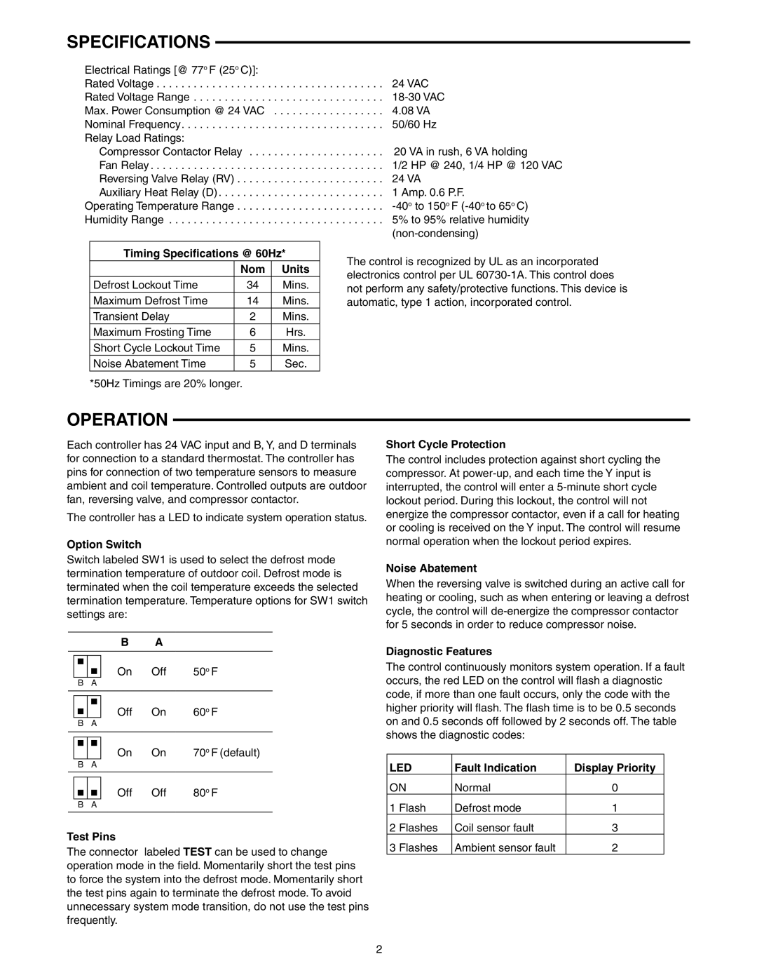 White Rodgers 47D40-801 installation instructions Specifications, Operation, Led 