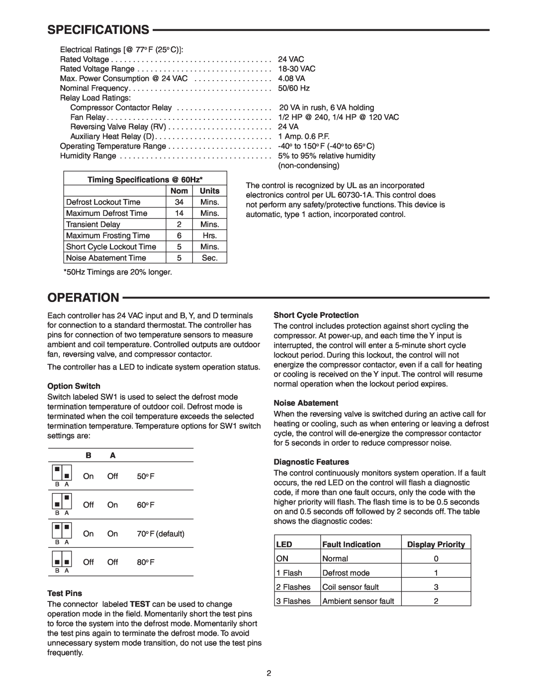 White Rodgers 47D40-801 installation instructions Specifications, Operation 