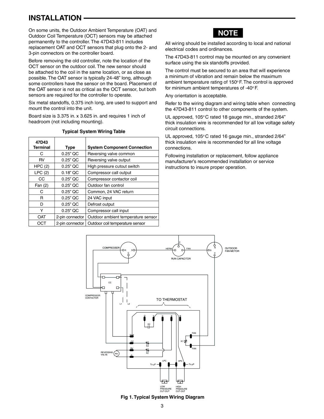 White Rodgers 47D43-811 installation instructions Installation, Typical System Wiring Table, Typical System Wiring Diagram 