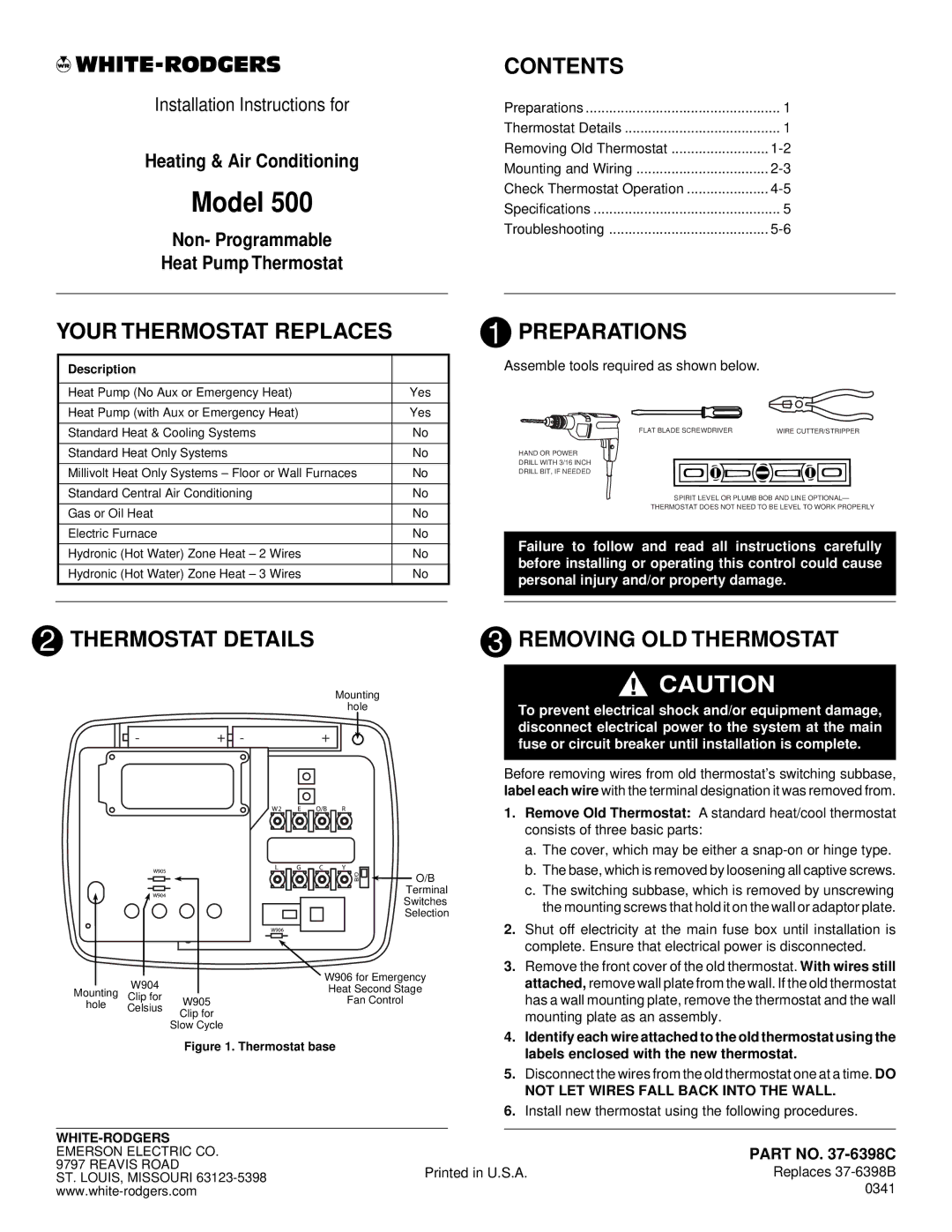 White Rodgers 500 installation instructions Contents, Your Thermostat Replaces, Preparations 