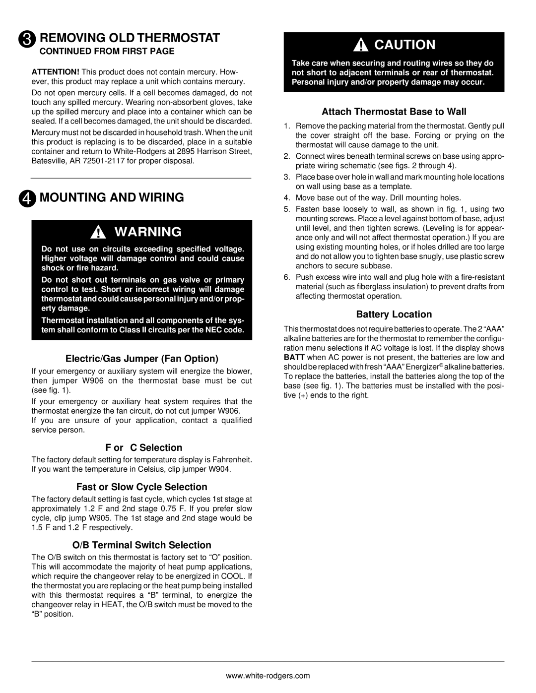 White Rodgers 500 installation instructions Mounting and Wiring 