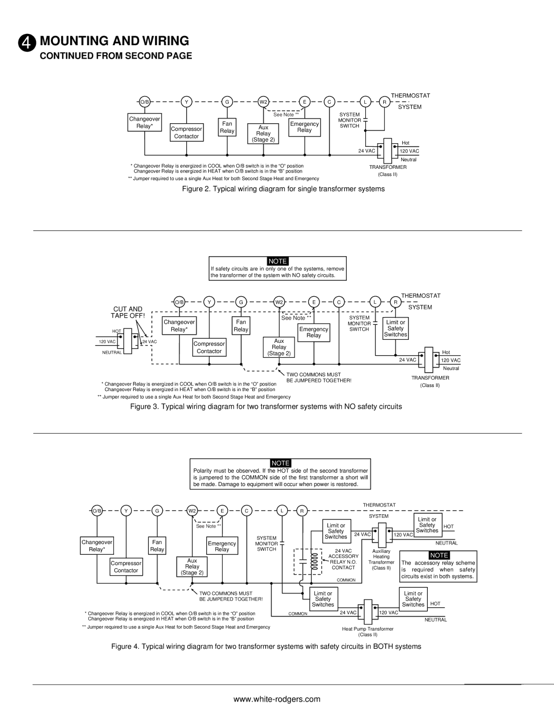 White Rodgers 500 installation instructions From Second, Fan Emergency Relay Compressor Aux Contactor Stage 