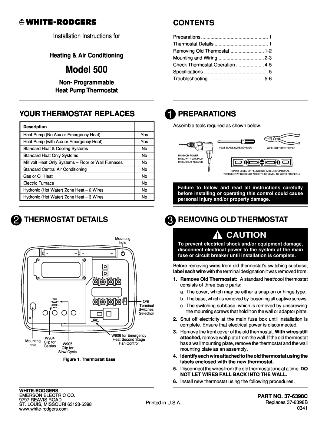 White Rodgers 500 installation instructions Contents, Your Thermostat Replaces, Preparations, Thermostat Details, Model 