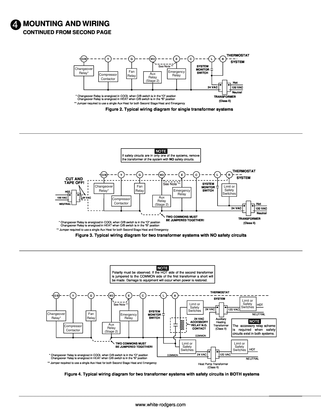 White Rodgers 500 installation instructions Continued From Second Page, Mounting And Wiring, Cut And 