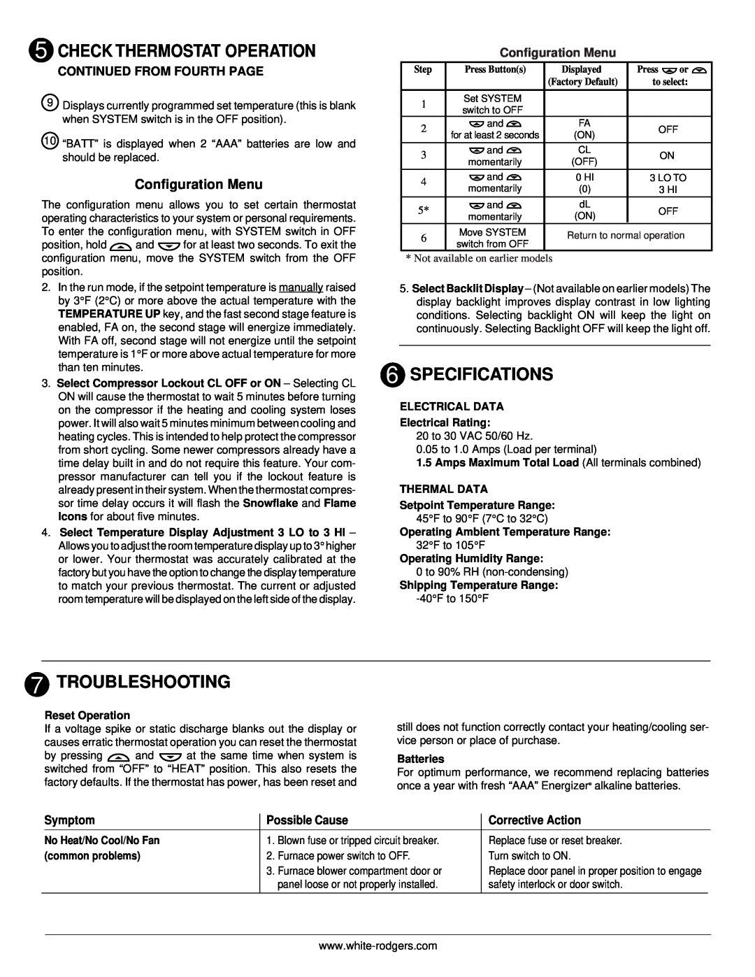 White Rodgers 500 Specifications, Troubleshooting, Configuration Menu, Continued From Fourth Page, Symptom, Possible Cause 