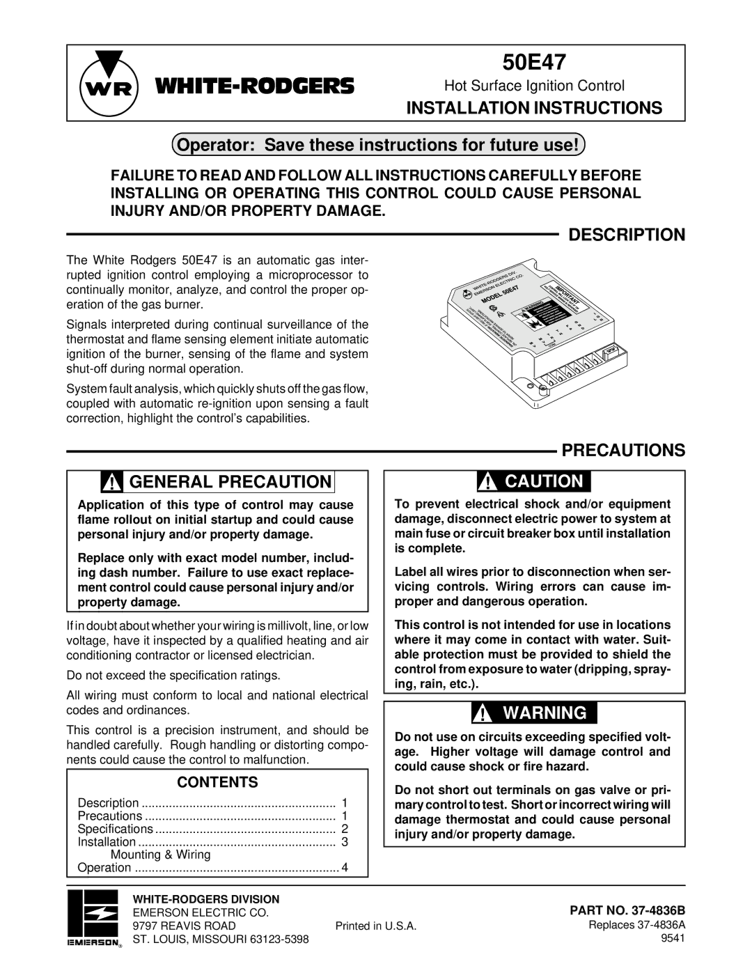 White Rodgers 5.00E+48 installation instructions Description, Precautions General Precaution, Contents 