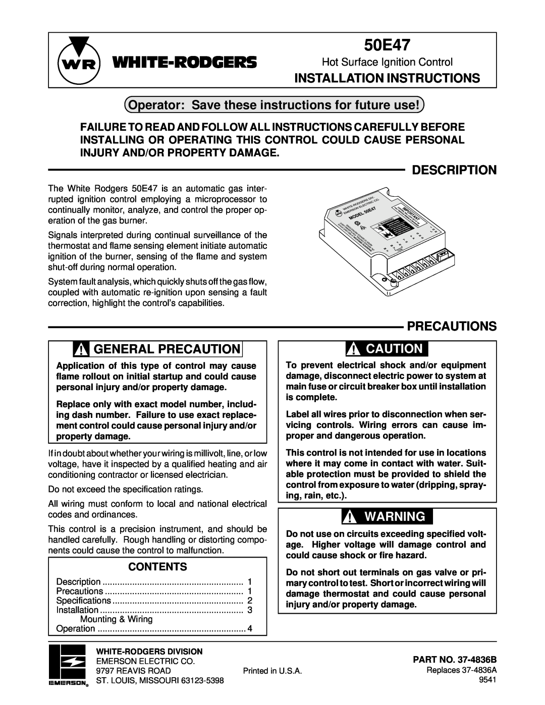 White Rodgers 5.00E+48 installation instructions Operator Save these instructions for future use, Description, Precautions 
