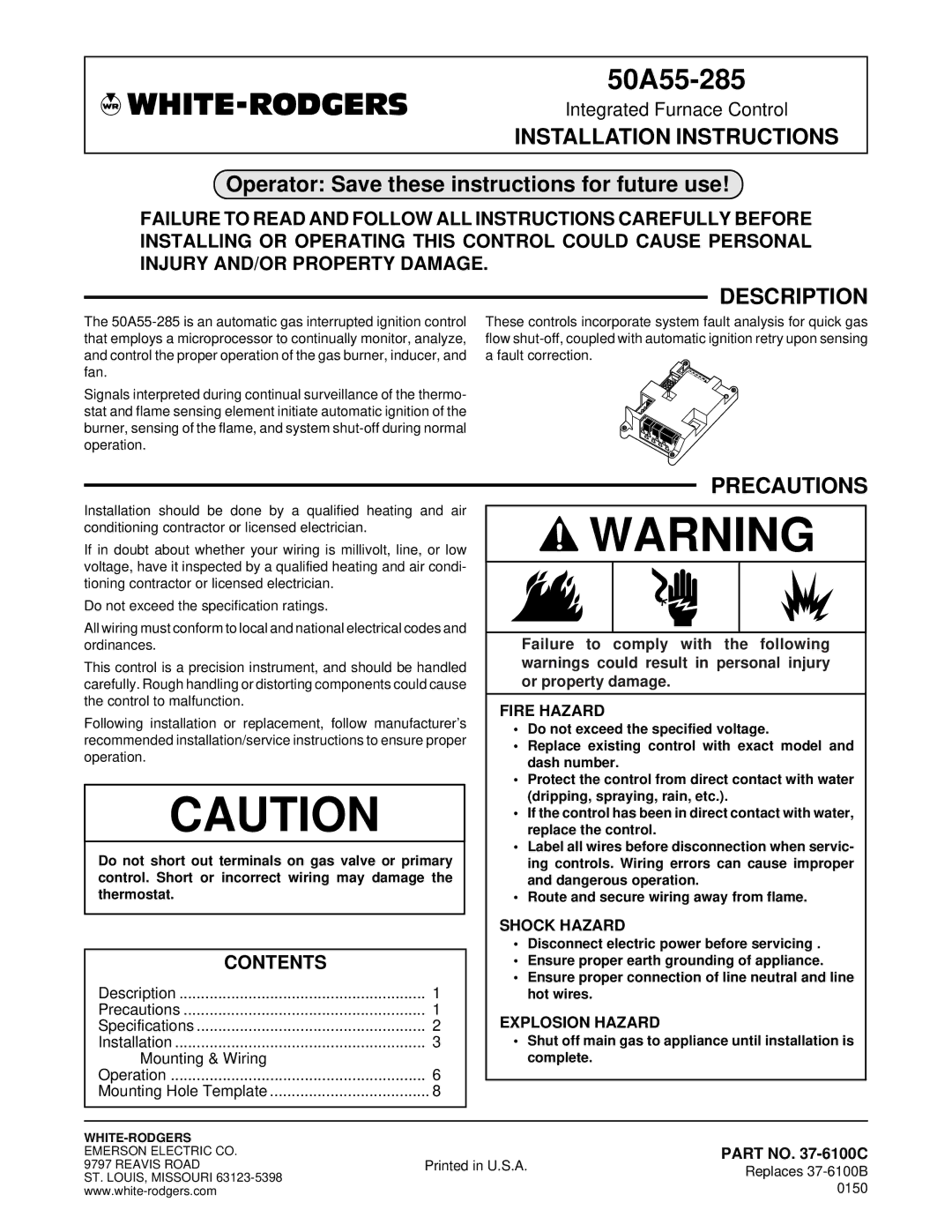 White Rodgers 50A55-285 installation instructions Installation Instructions, Description, Precautions, Contents 