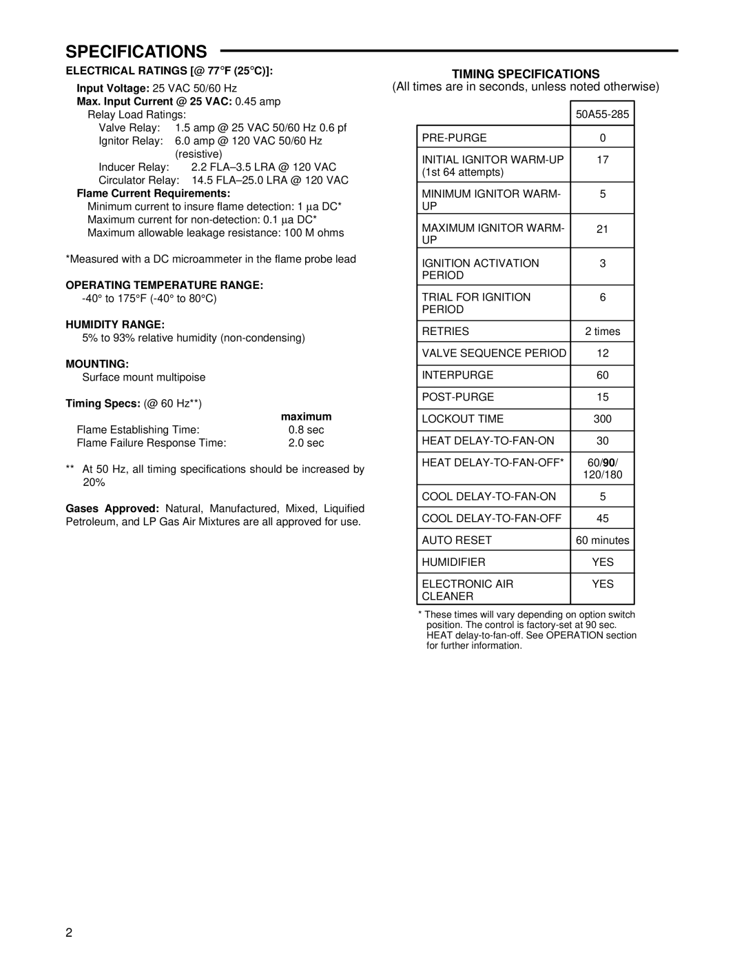 White Rodgers 50A55-285 installation instructions Timing Specifications 