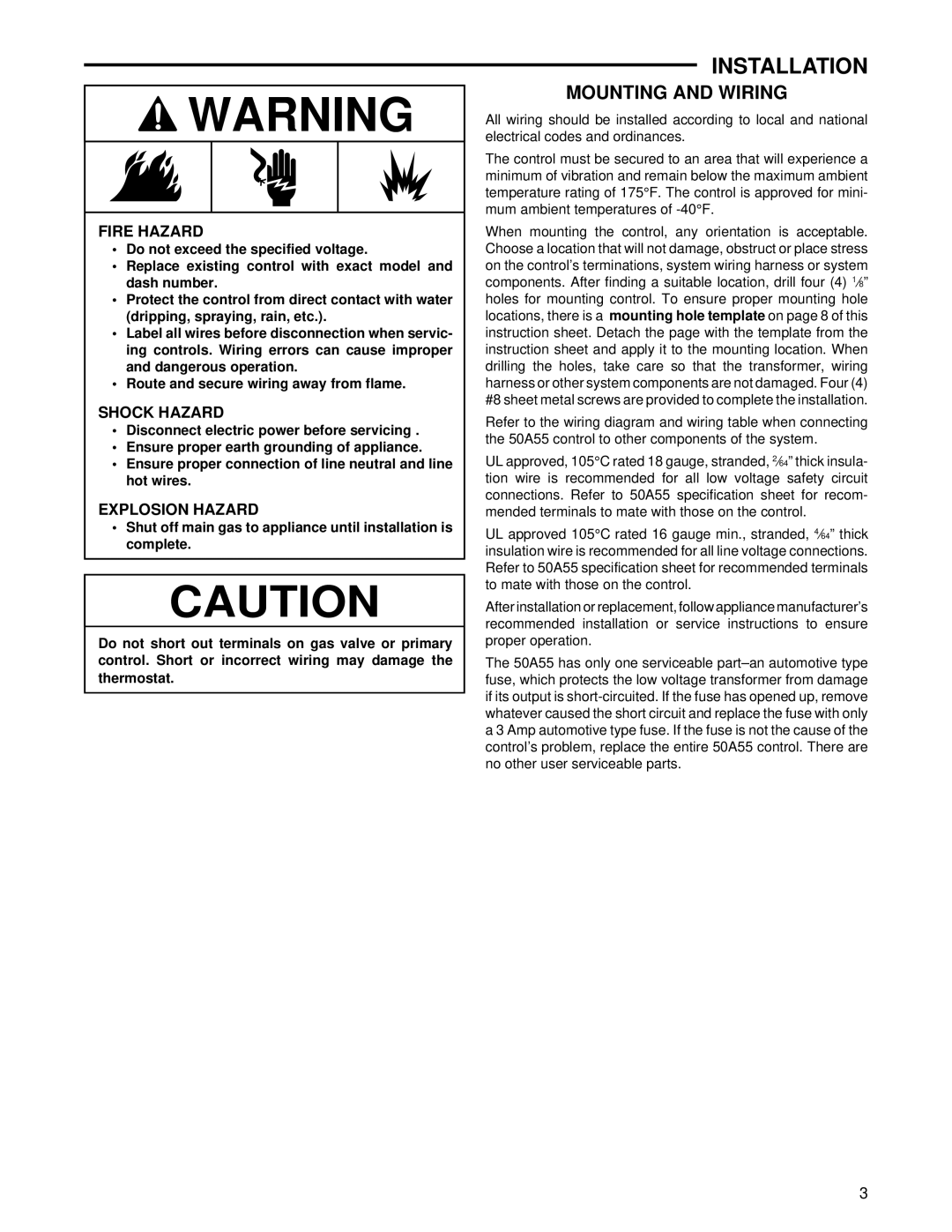 White Rodgers 50A55-285 installation instructions Installation, Mounting and Wiring 