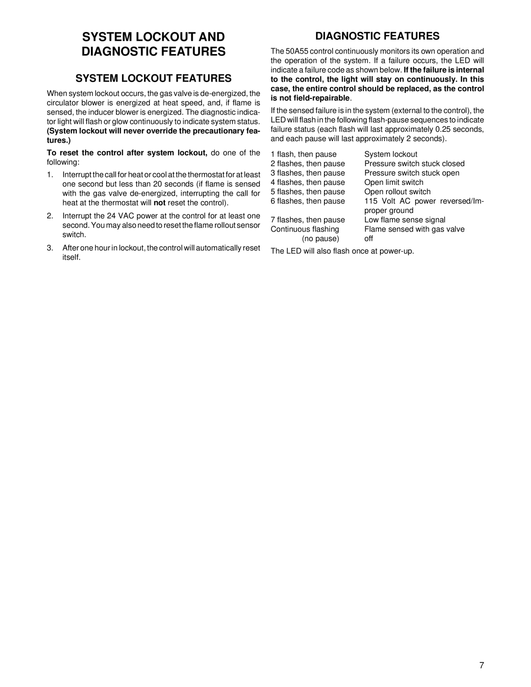 White Rodgers 50A55-285 installation instructions System Lockout Diagnostic Features, System Lockout Features 