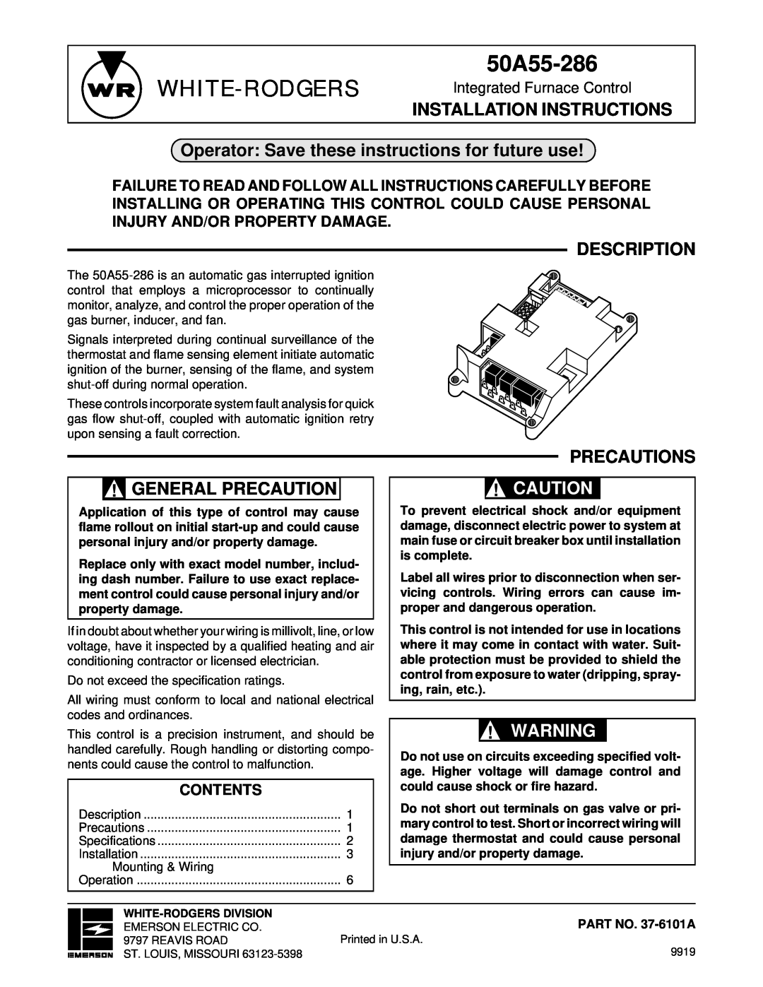 White Rodgers 50a55-286 installation instructions Operator Save these instructions for future use, Description, Contents 