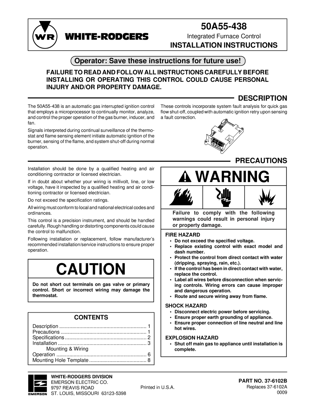 White Rodgers 50A55-438 installation instructions Description, Precautions, Contents 