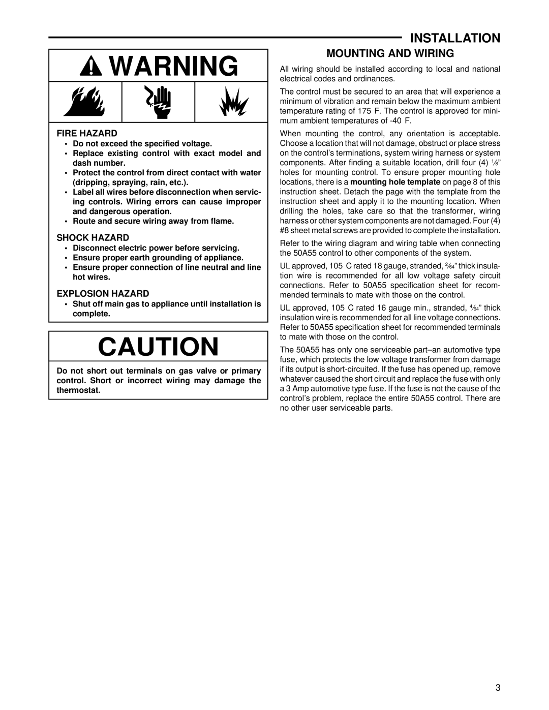 White Rodgers 50A55-438 installation instructions Installation, Mounting and Wiring 