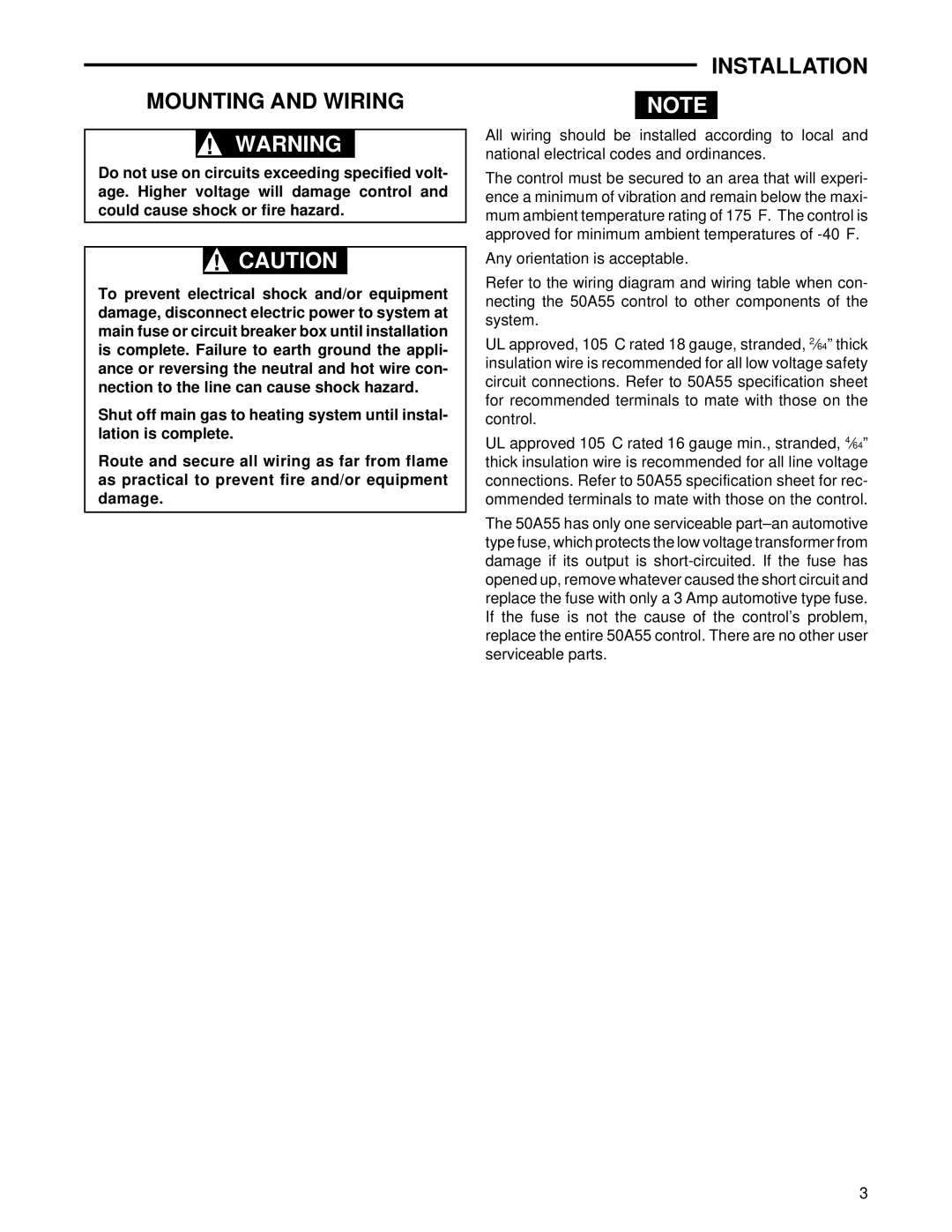 White Rodgers 50A55-571, 50A55-474 installation instructions Mounting and Wiring, Installation 