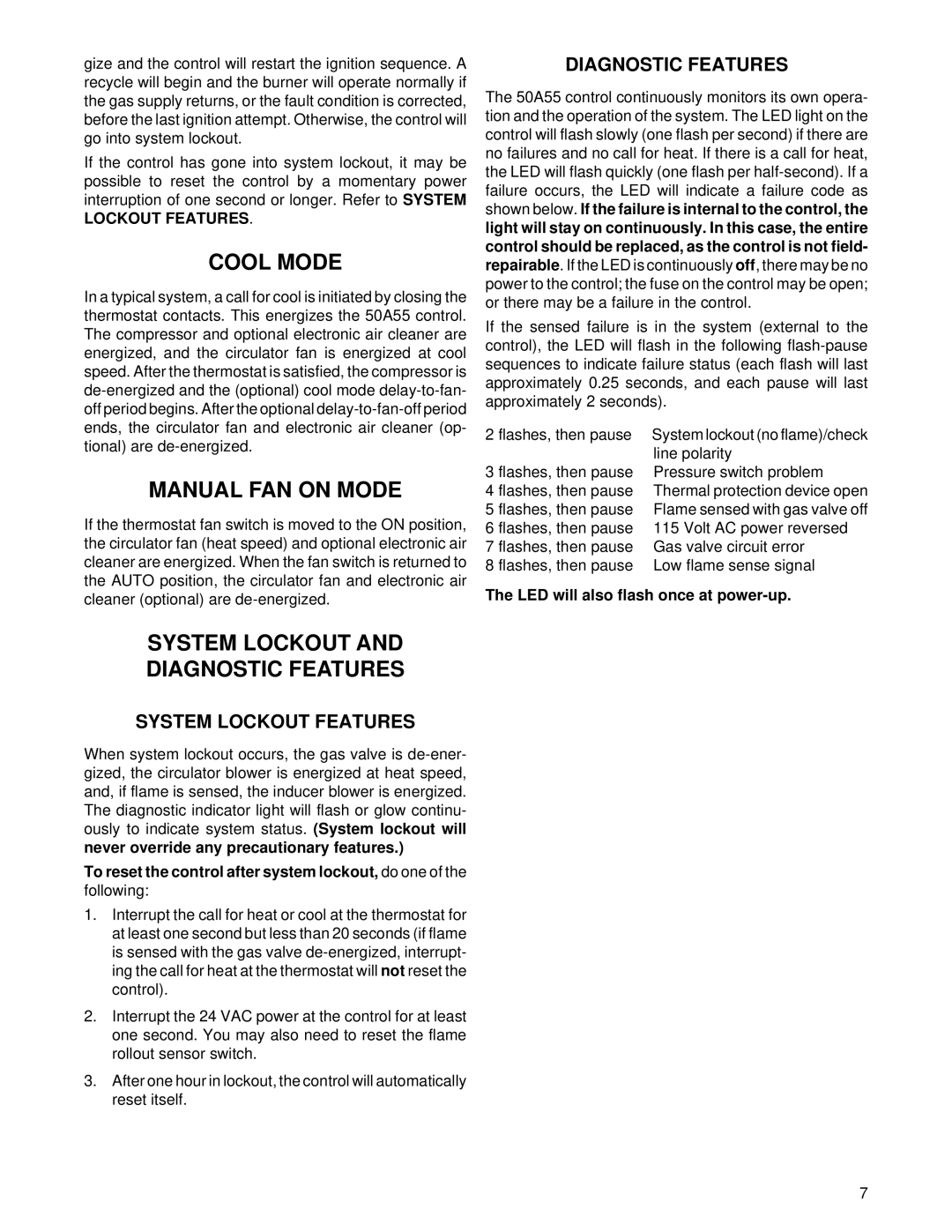 White Rodgers 50A55-571 Cool Mode, Manual FAN on Mode, System Lockout Diagnostic Features, System Lockout Features 