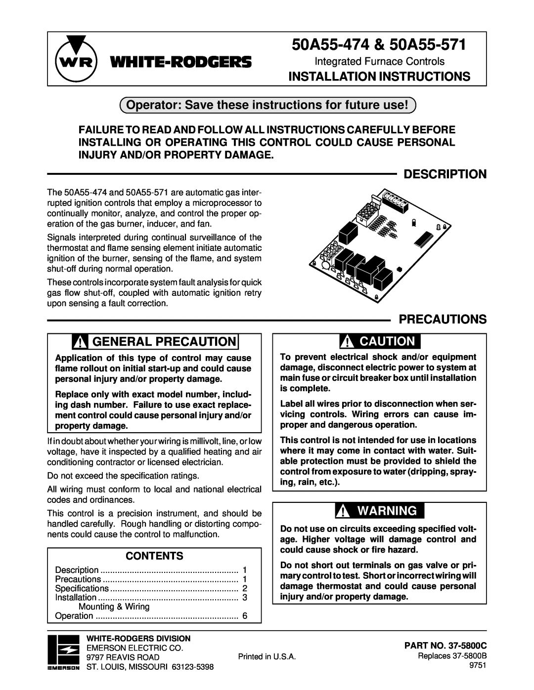 White Rodgers 50A55-571 installation instructions Operator Save these instructions for future use, Description, Contents 