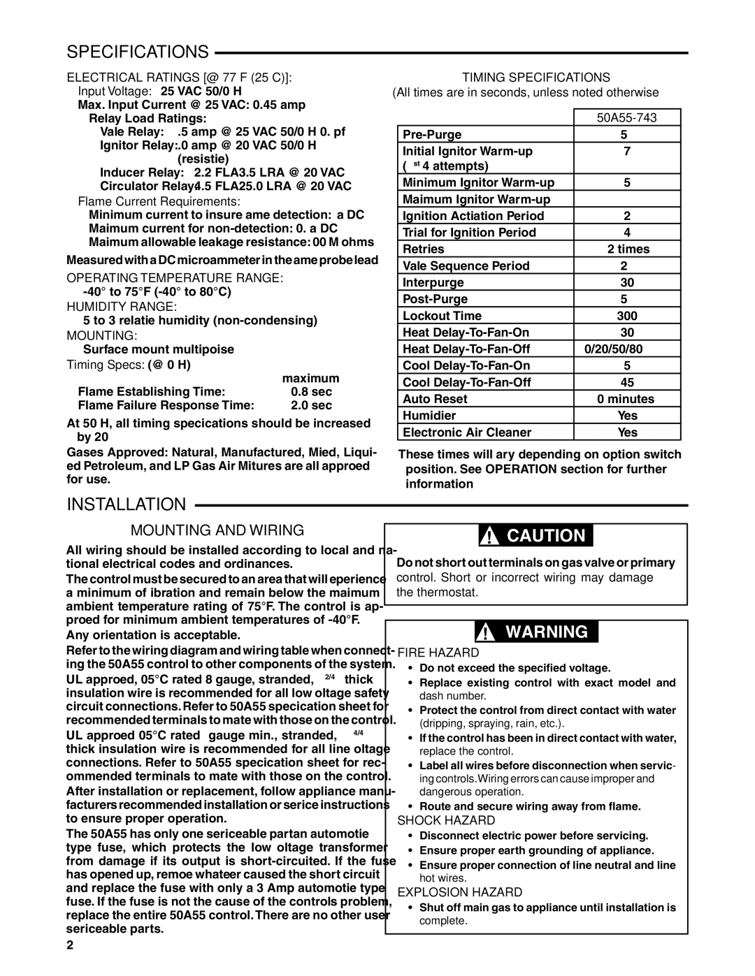 White Rodgers 50A55-743 installation instructions Specifications, Installation, Mounting and Wiring 