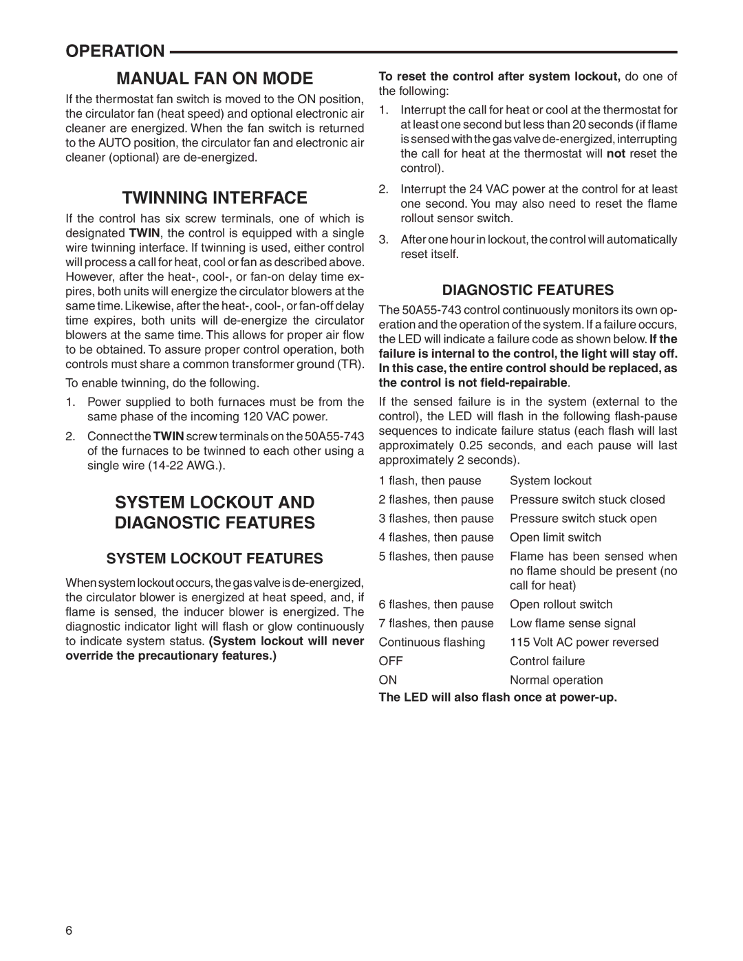 White Rodgers 50A55-743 Operation Manual FAN on Mode, Twinning Interface, System Lockout Diagnostic Features 
