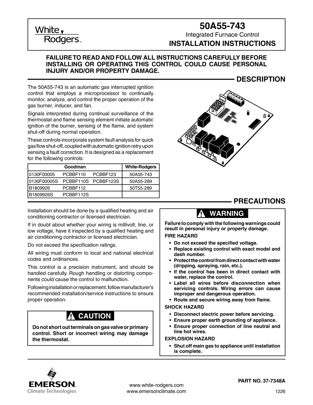 White Rodgers 50A55-743 installation instructions Installation Instructions, Description, Precautions 