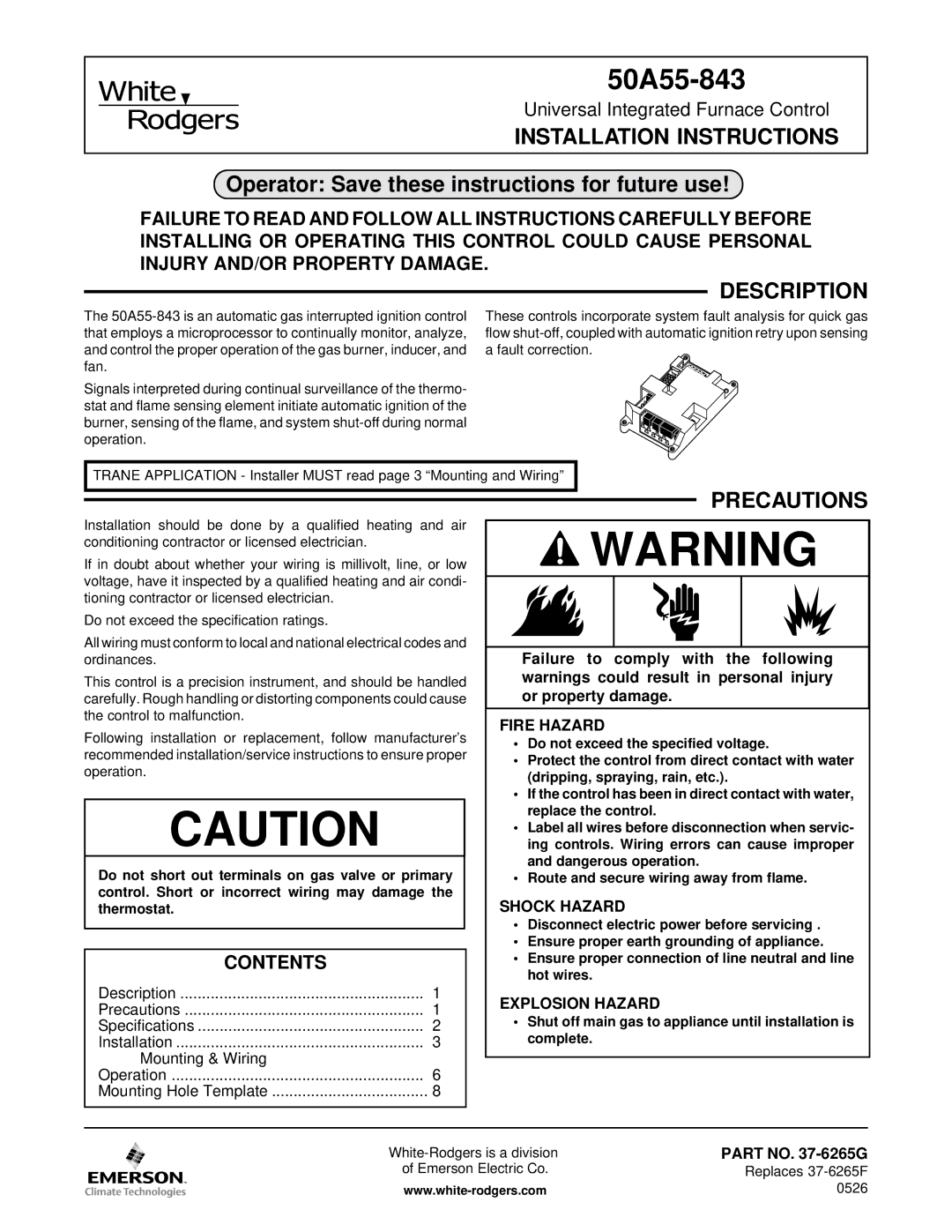 White Rodgers 50A55-843 installation instructions Installation Instructions, Description, Precautions, Contents 