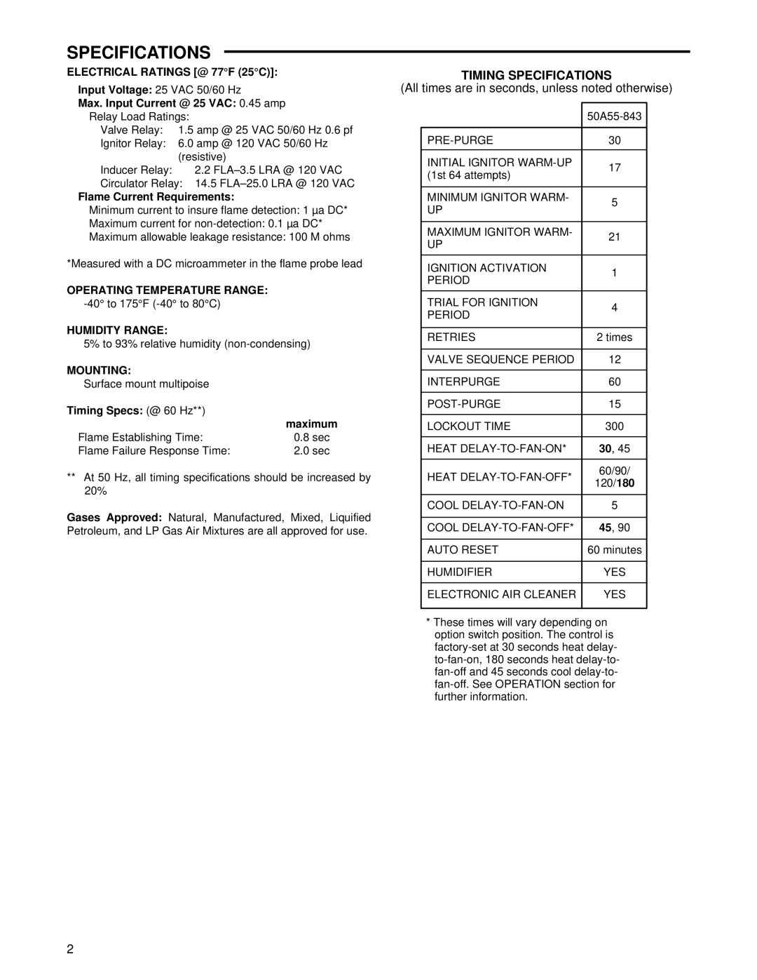 White Rodgers 50A55-843 Timing Specifications, Electrical Ratings @ 77F 25C, Humidity Range, Mounting 