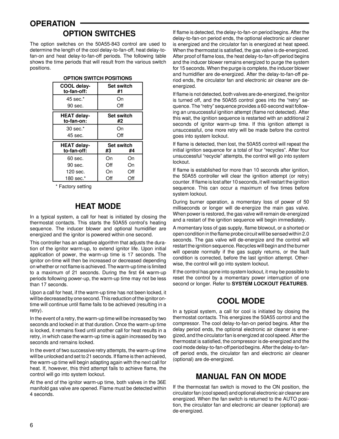 White Rodgers 50A55-843 Operation Option Switches, Heat Mode, Cool Mode, Manual FAN on Mode, Option Switch Positions 