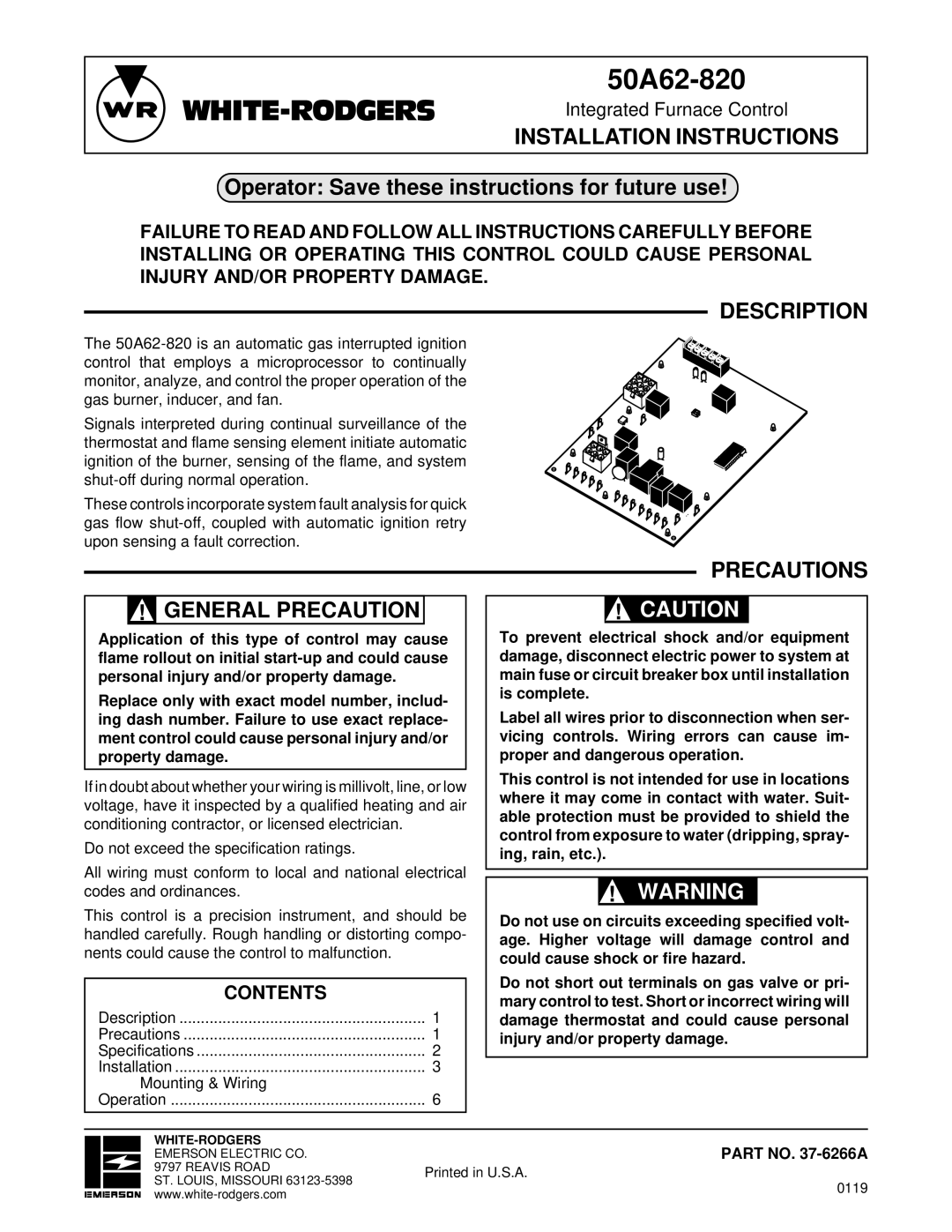 White Rodgers 50A62-820 installation instructions Description, Precautions General Precaution, Contents 