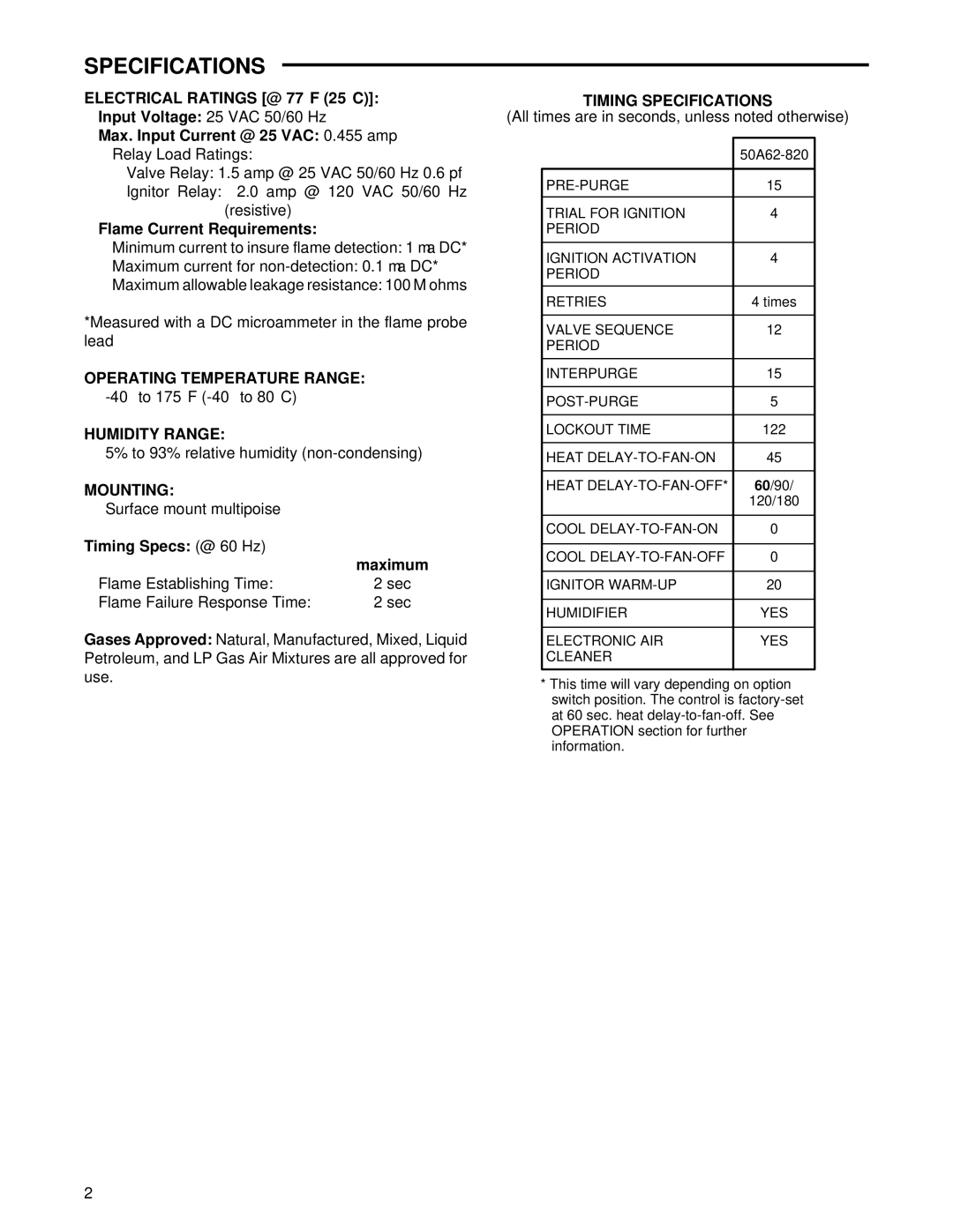 White Rodgers 50A62-820 Operating Temperature Range, Humidity Range, Mounting, Timing Specifications 