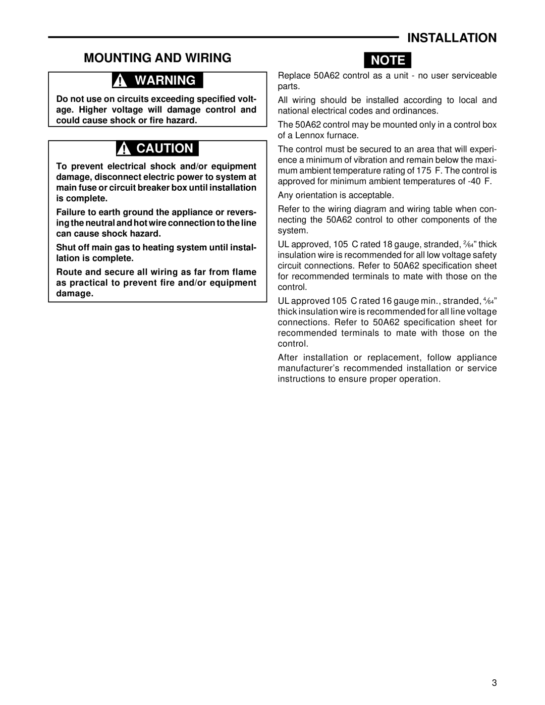 White Rodgers 50A62-820 installation instructions Mounting and Wiring, Installation 