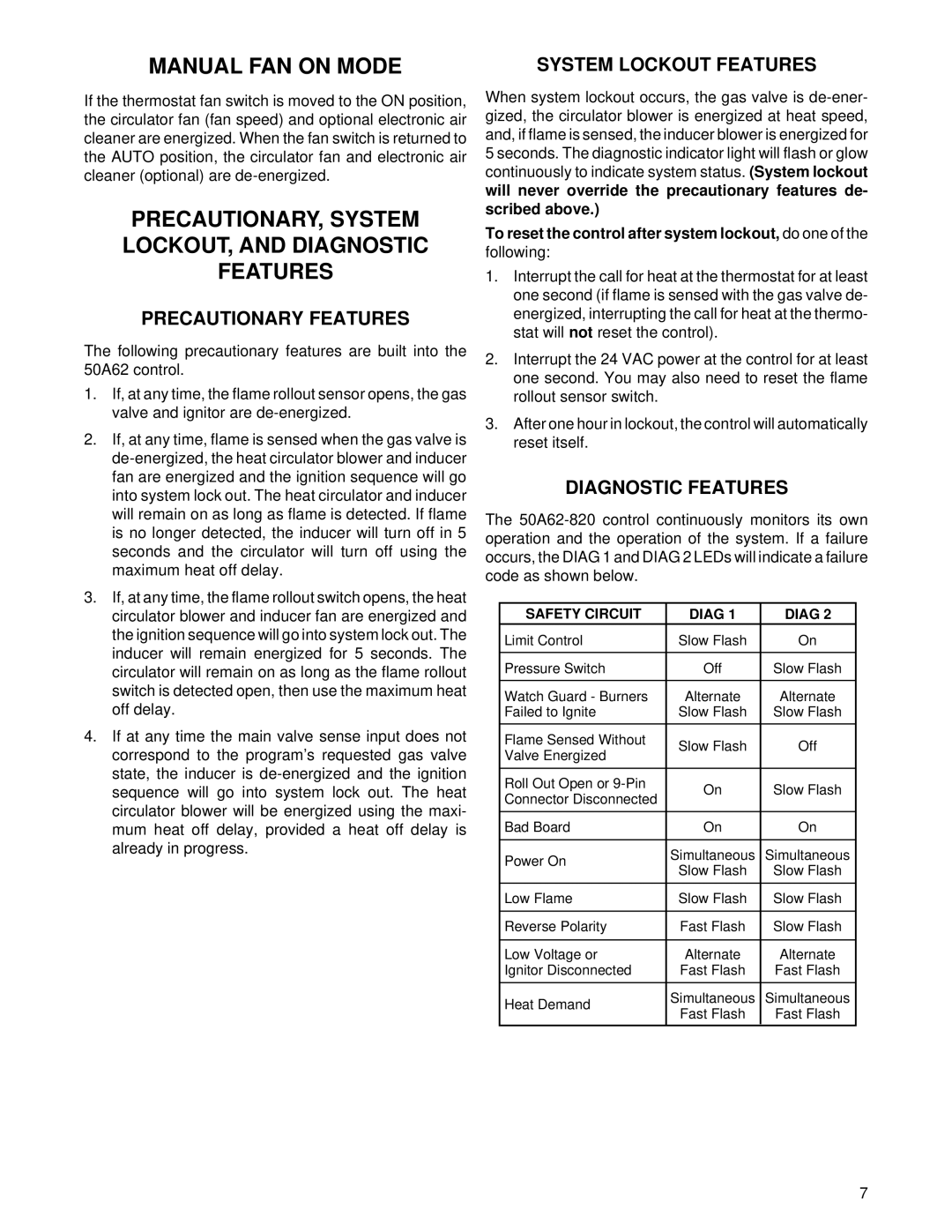 White Rodgers 50A62-820 Manual FAN on Mode, PRECAUTIONARY, System LOCKOUT, and Diagnostic Features, Precautionary Features 