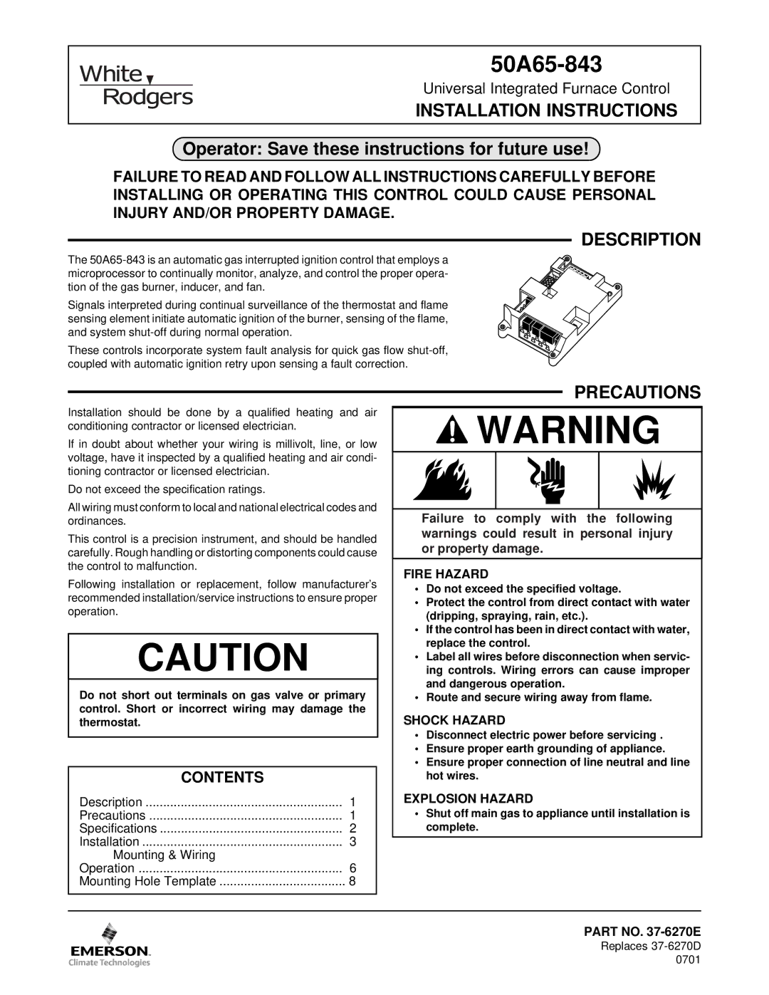 White Rodgers 50A65-843 installation instructions Installation Instructions, Description, Precautions, Contents 