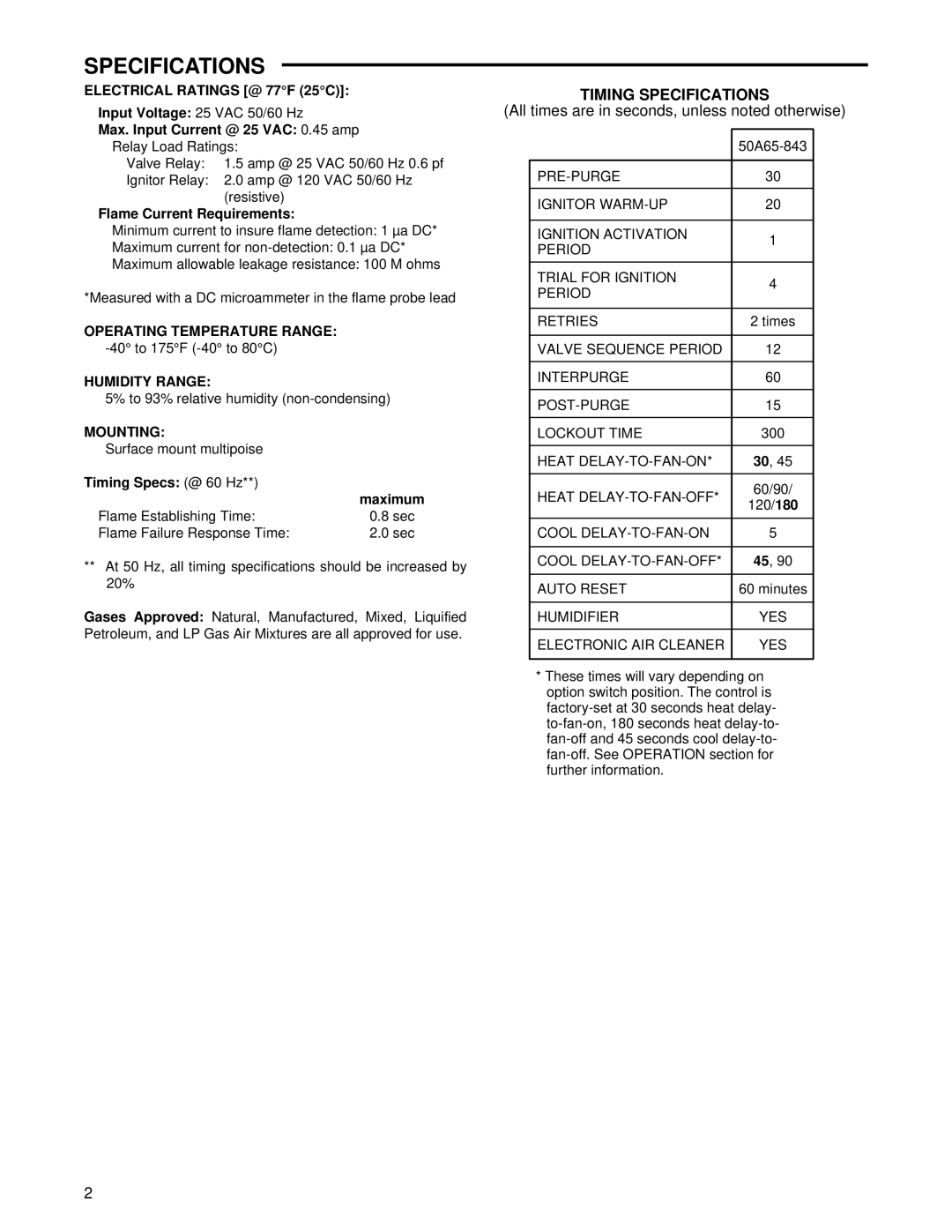 White Rodgers 50A65-843 Timing Specifications, Electrical Ratings @ 77F 25C, Humidity Range, Mounting 