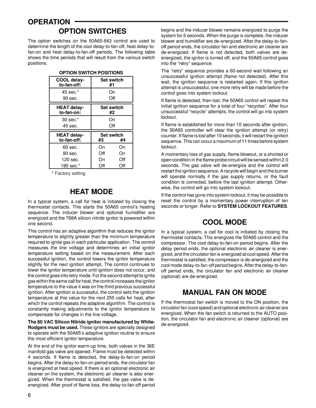 White Rodgers 50A65-843 Operation Option Switches, Heat Mode, Cool Mode, Manual FAN on Mode, Option Switch Positions 