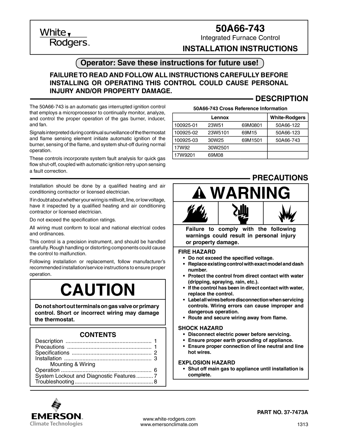 White Rodgers 50A66-743 installation instructions Installation Instructions, Description, Precautions, Contents 