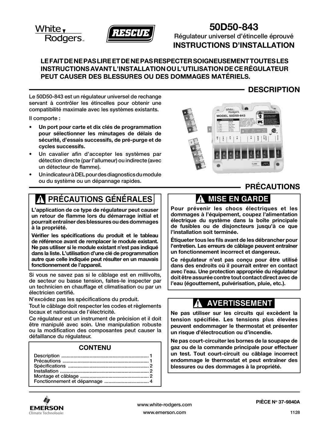 White Rodgers 50D50-843 manual Instructions D’INSTALLATION, Description Précautions Précautions Générales, Mise EN Garde 