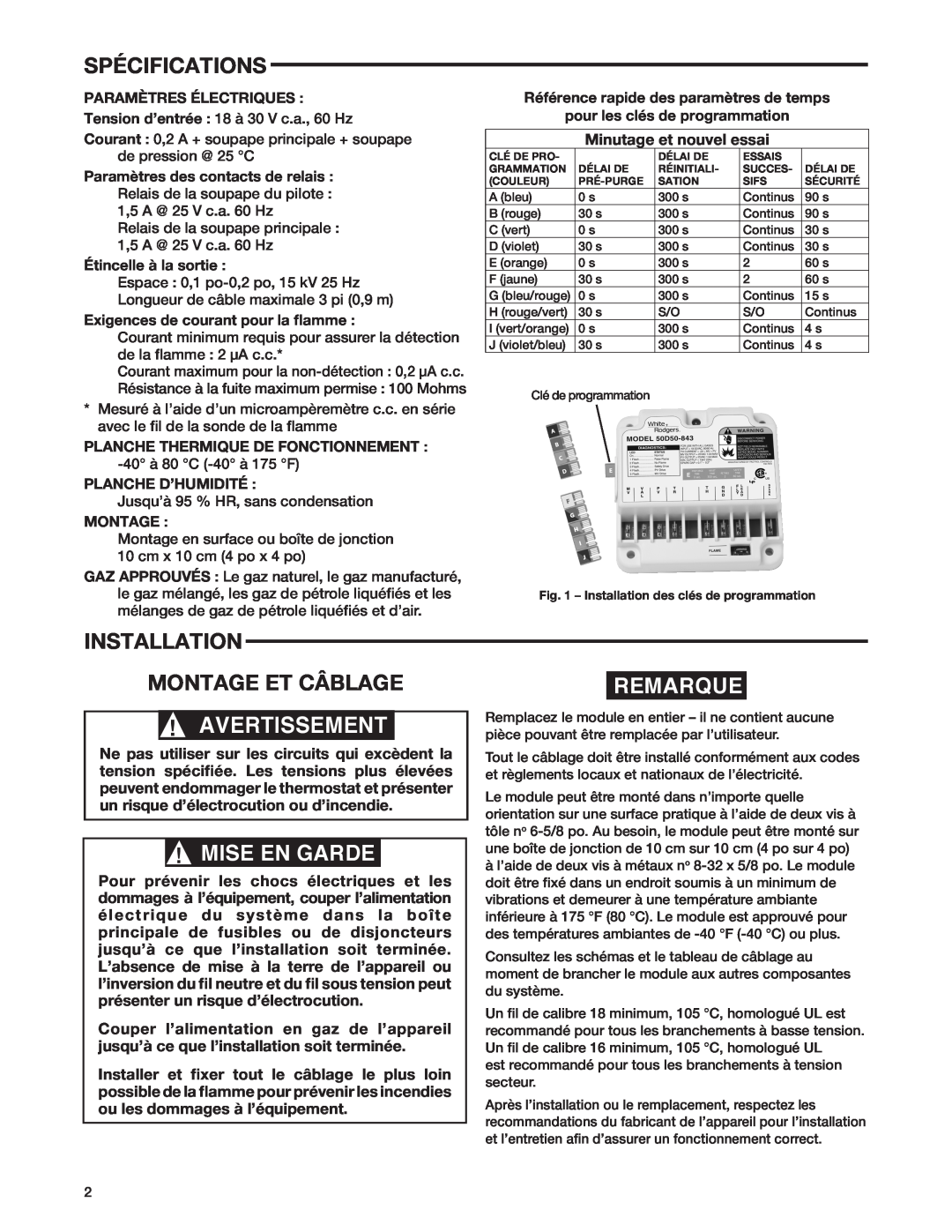 White Rodgers 50D50-843 manual Spécifications, Installation Montage Et Câblage, Remarque, Avertissement, Mise En Garde 