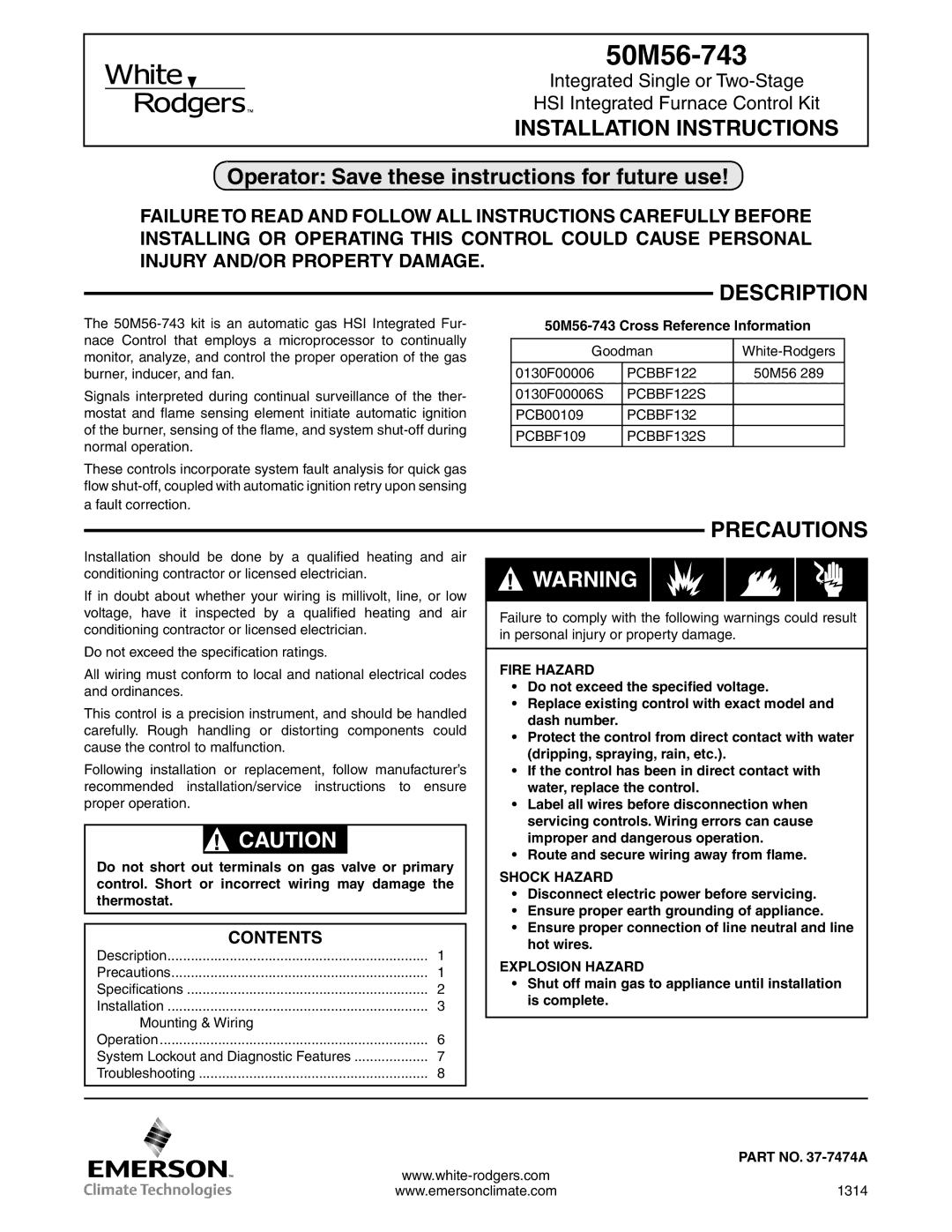 White Rodgers 50M56-7433 installation instructions Installation Instructions, Description, Precautions, Contents 