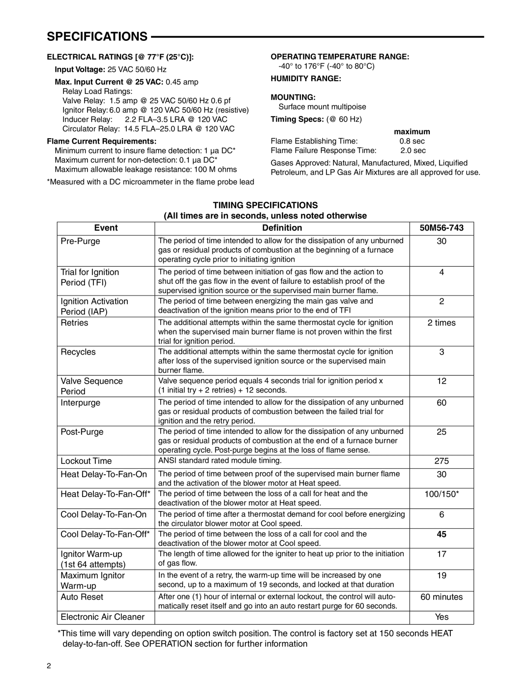 White Rodgers 50M56-7433 installation instructions Specifications, Electrical Ratings @ 77F 25C, Humidity Range Mounting 