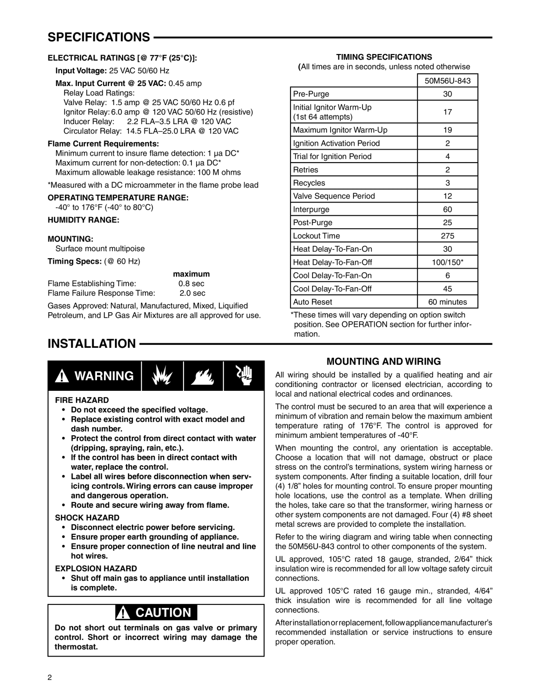 White Rodgers 50M56U-843 Specifications, Installation, Mounting and Wiring, Humidity Range Mounting 