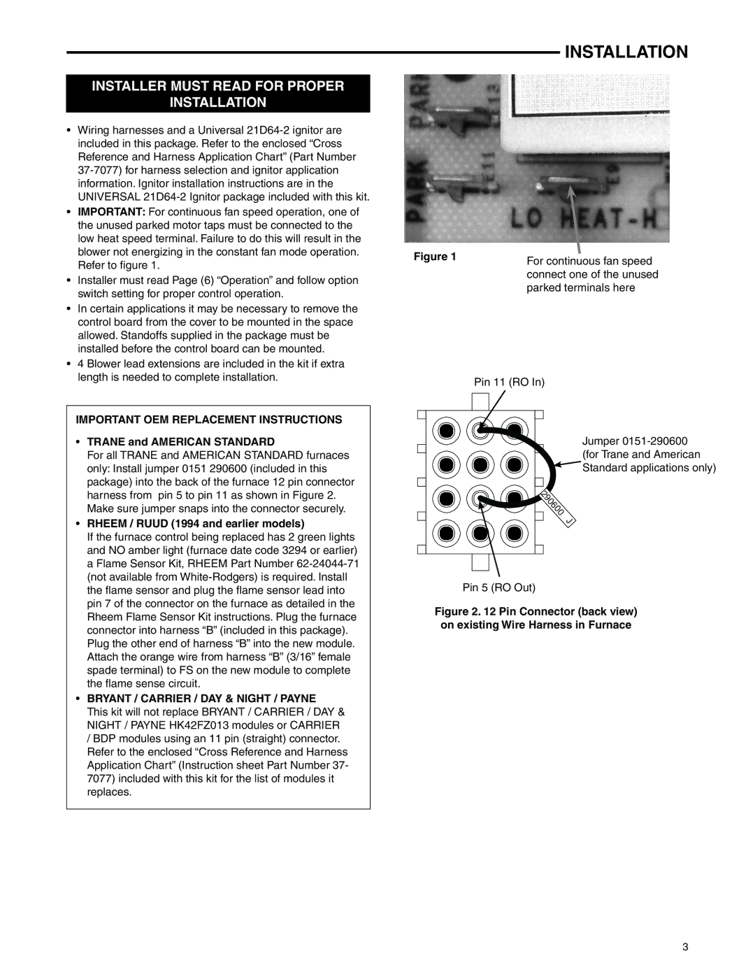 White Rodgers 50M56U-843 installation instructions Important OEM Replacement Instructions, Trane and American Standard 