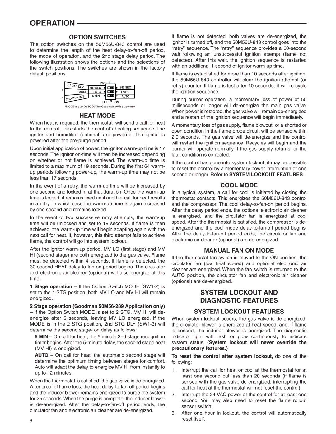 White Rodgers 50M56U-843 installation instructions Operation 