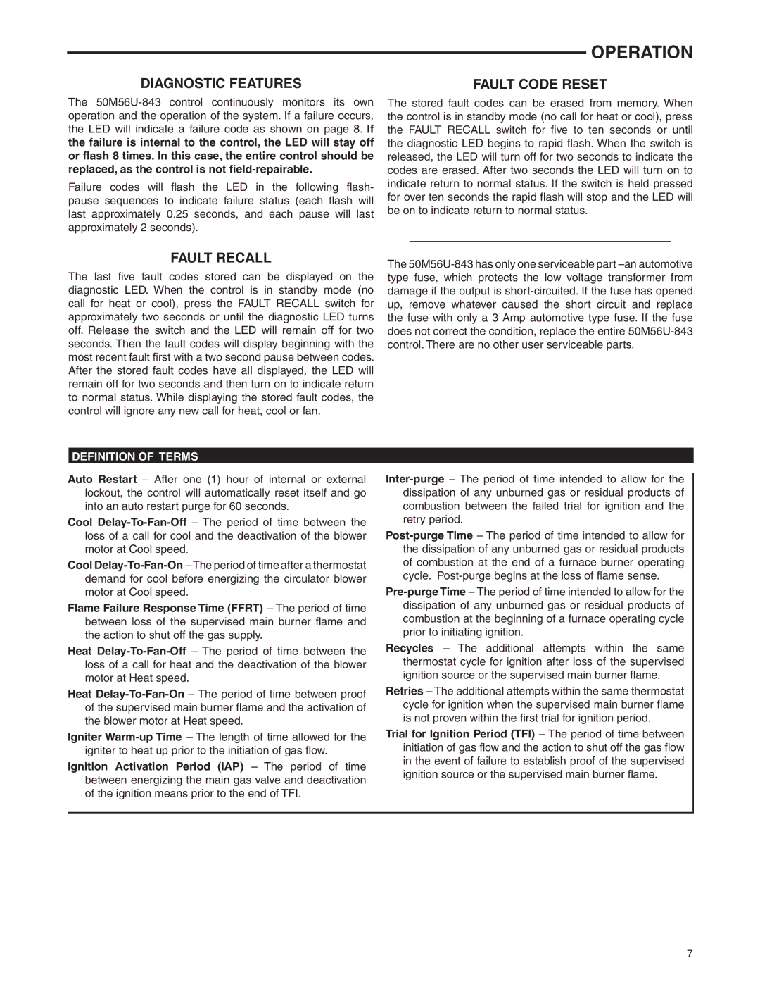 White Rodgers 50M56U-843 installation instructions Diagnostic Features, Fault Recall, Fault Code Reset 