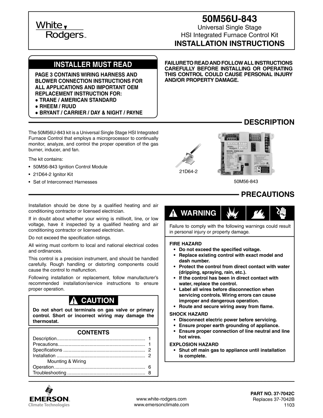 White Rodgers 50M56U-843 installation instructions Installation Instructions, Description, Precautions, Contents 