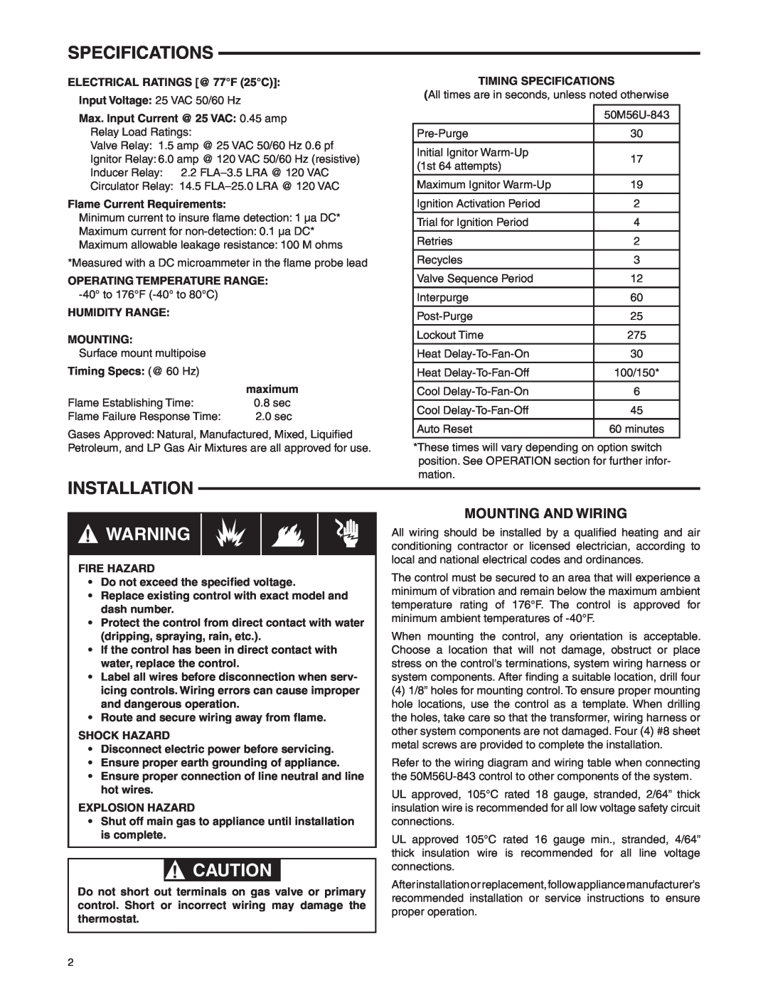 White Rodgers 50M56U-843 installation instructions Specifications, Installation, Mounting And Wiring 