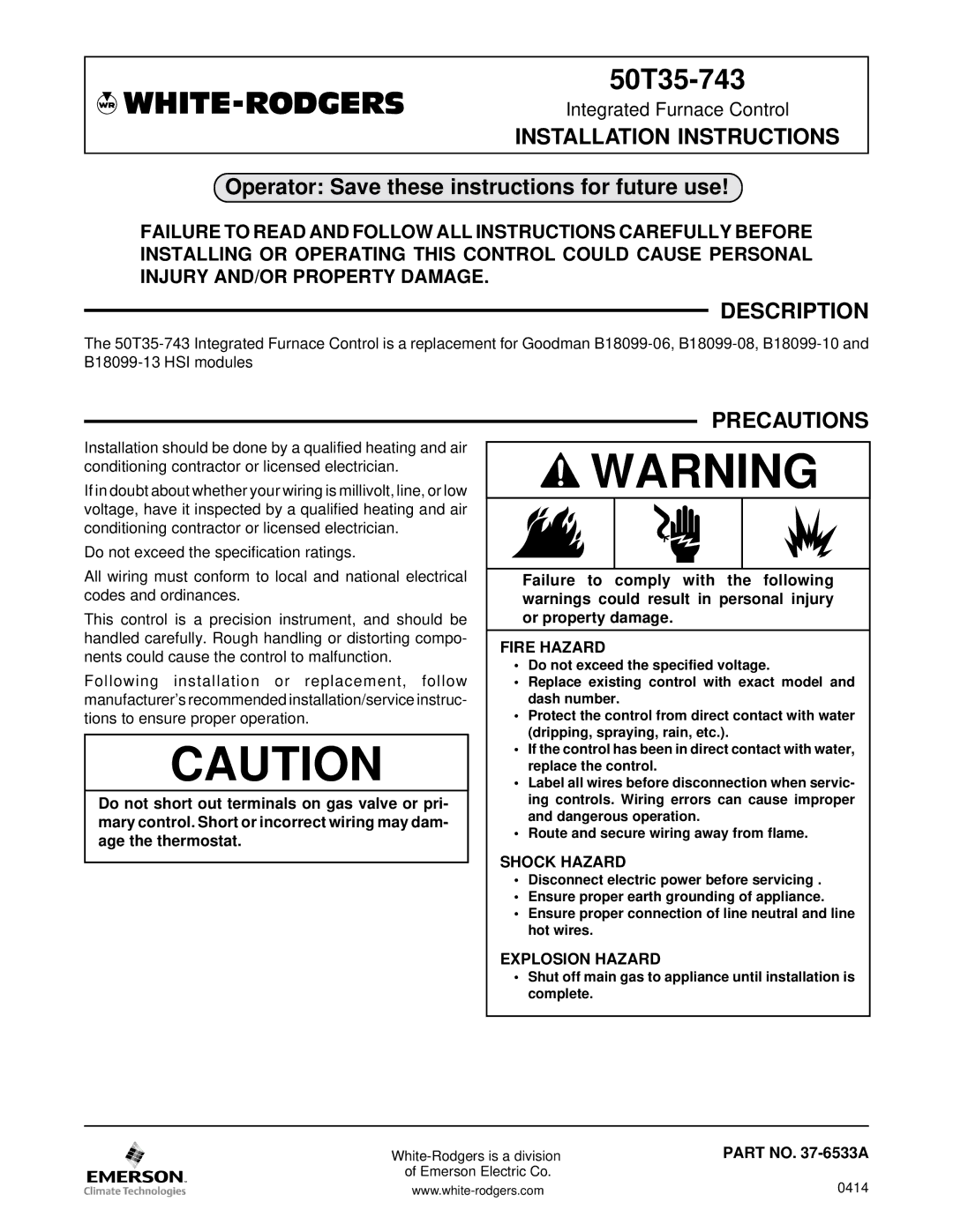 White Rodgers 50T35-743 installation instructions Installation Instructions, Description, Precautions 