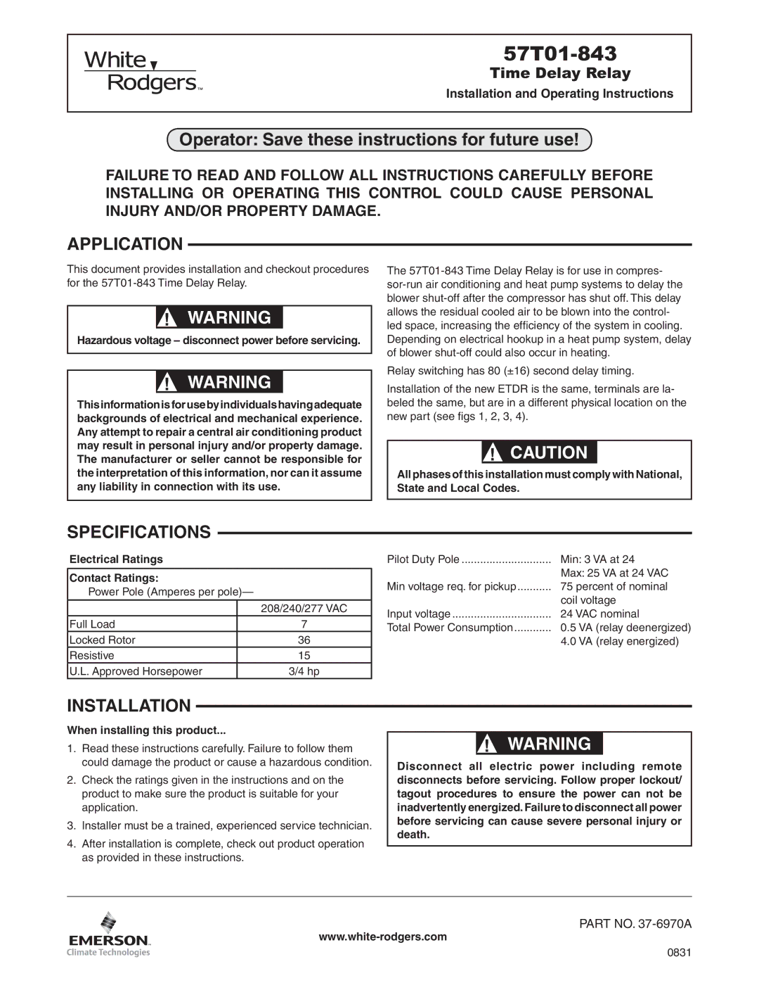 White Rodgers 57T01-843 specifications Application, Specifications, Installation 