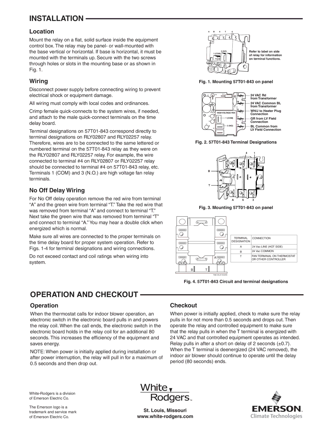 White Rodgers 57T01-843 specifications Operation and Checkout 